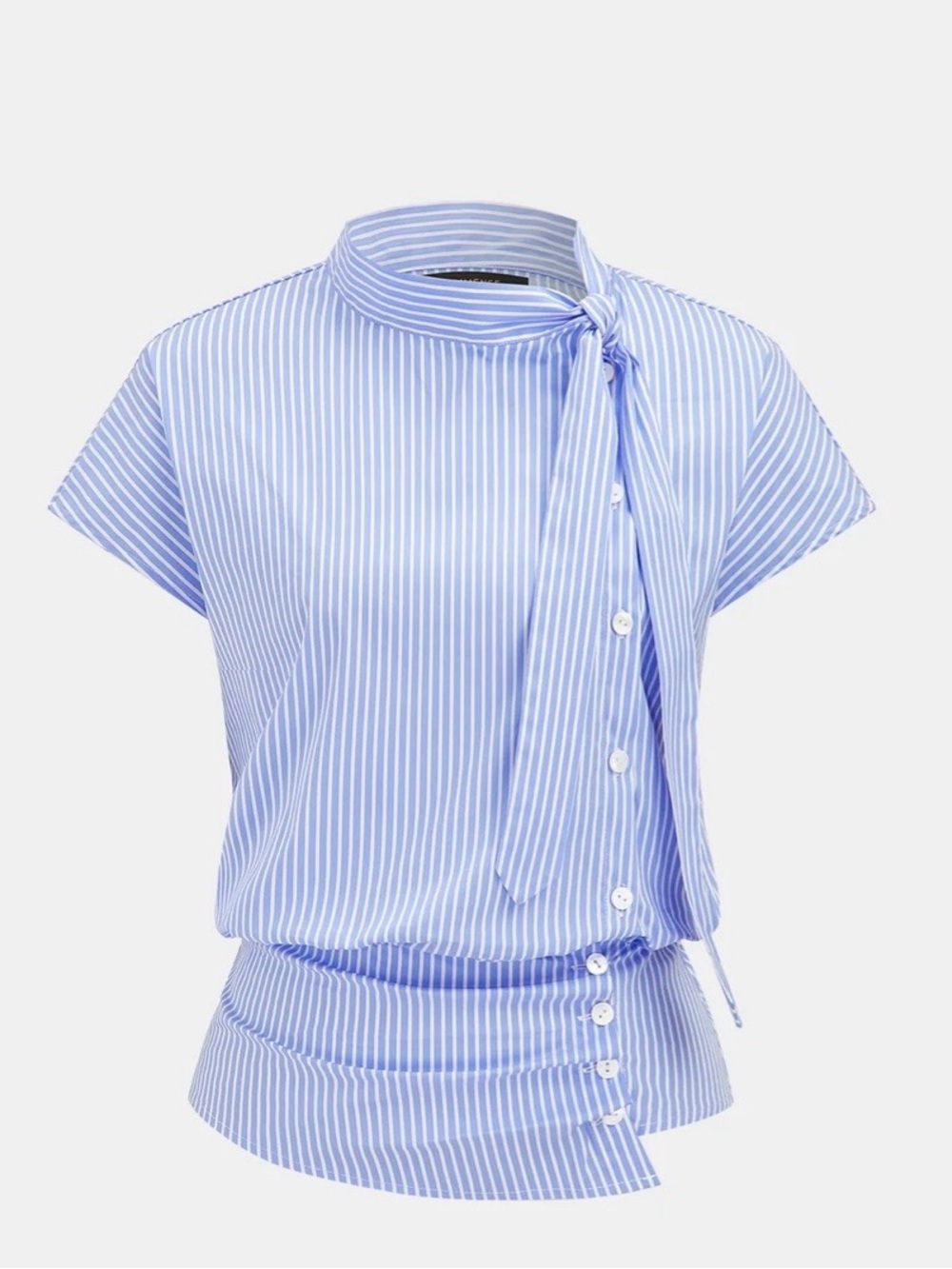 Commense Light Blue & White Striped Tie-Neck Short Sleeve Blouse